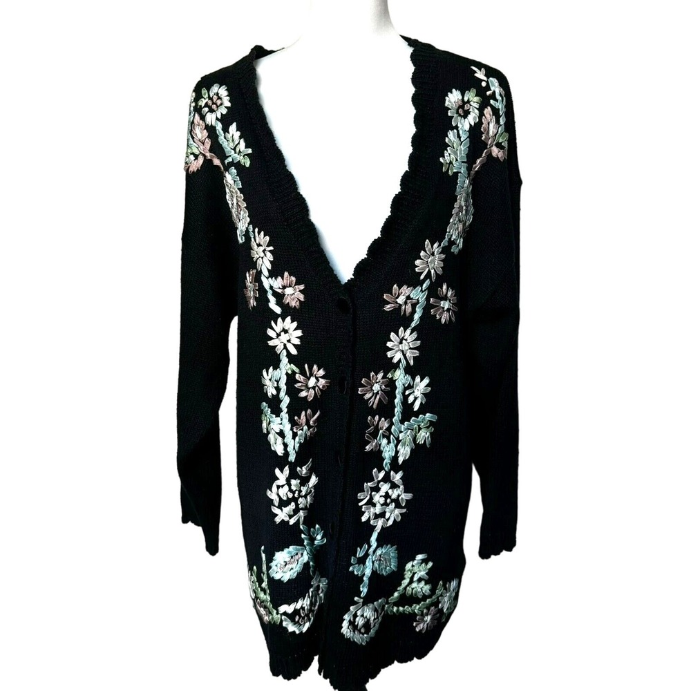 KATHIE LEE Women's‎ 18 Black Pastel Embroidered Floral Ribbon Cardigan Sweater